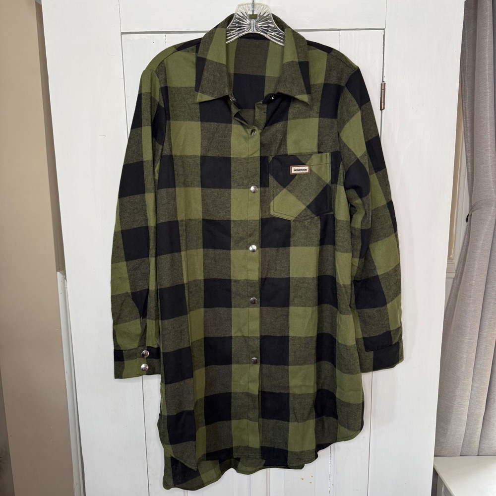 MOMOCOD Plaid Women's Size Large Long Button Down Shacket Shirt Green Black